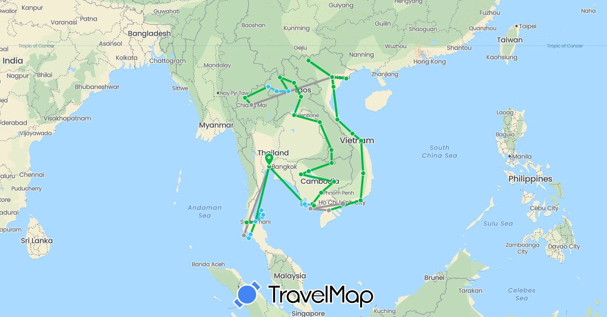 TravelMap itinerary: driving, bus, plane, hiking, boat in Cambodia, Laos, Thailand, Vietnam (Asia)